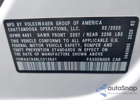 2020 Volkswagen Passat 2.0T S from USA, damaged, VIN 1VWAA7A35LC013541